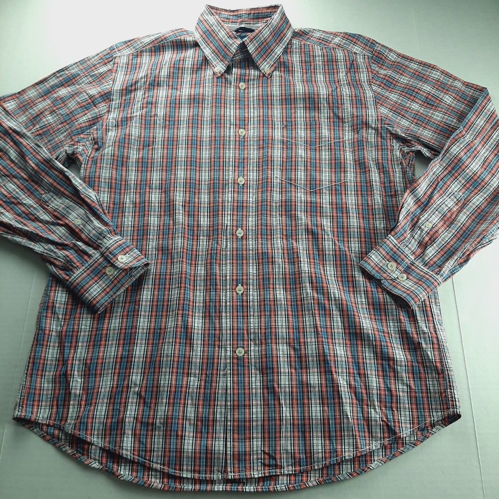 Tommy Hilfiger Mens Button Down Shirt Size Medium Red White Blue Plaid Cotton